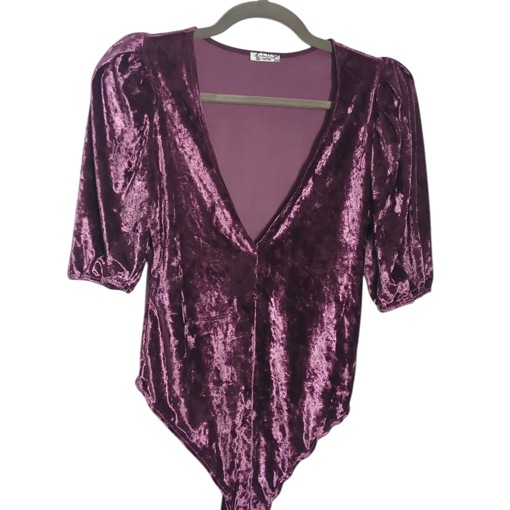 Intimately Free People XS Crushed Velvet Purple Half Sleeve Deep V neck Bodysuit